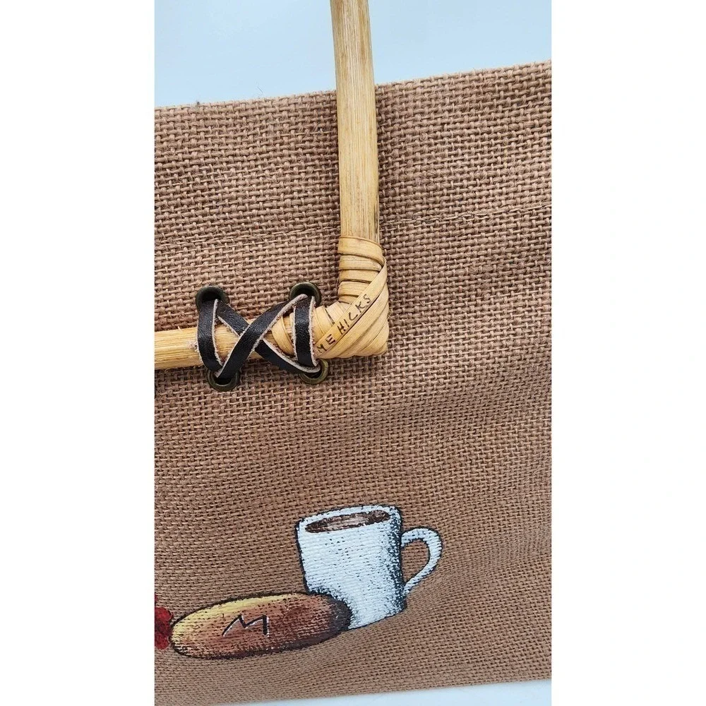 Hand Painted Burlap Tote Bag Bamboo Handles Jute Market Bag Brown